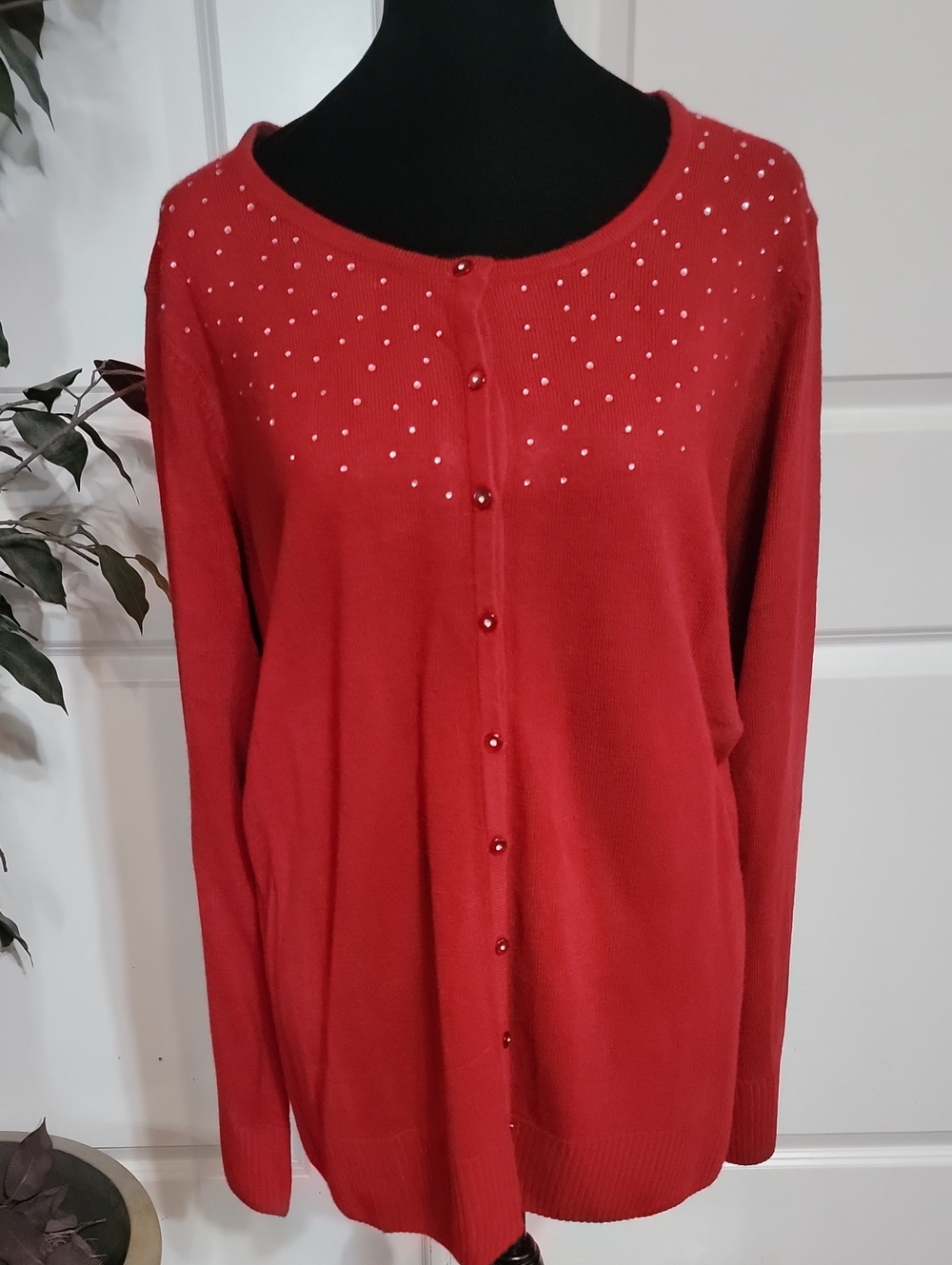 Laura Scott Red Rhinestone-Embellished Button Cardigan